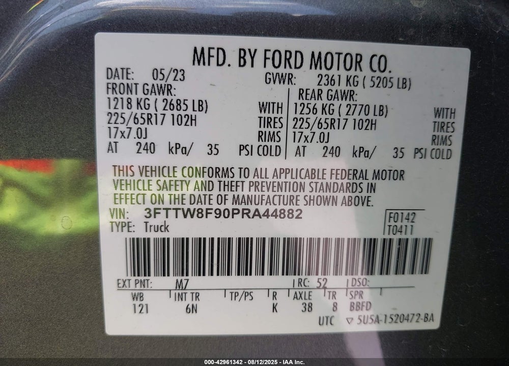 2023 FORD MAVERICK VIN: 3FTTW8F90PRA44882