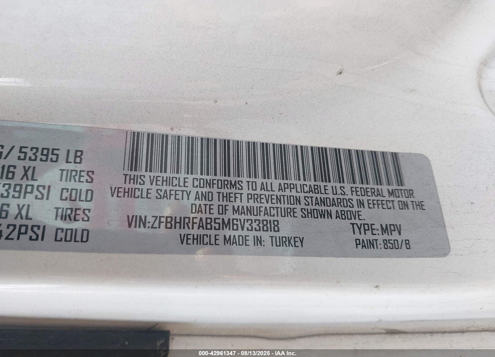 2021 RAM PROMASTER CITY TRADESMAN VIN: ZFBHRFAB5M6V33818