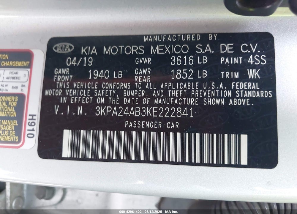 2019 KIA RIO VIN: 3KPA24AB3KE222841