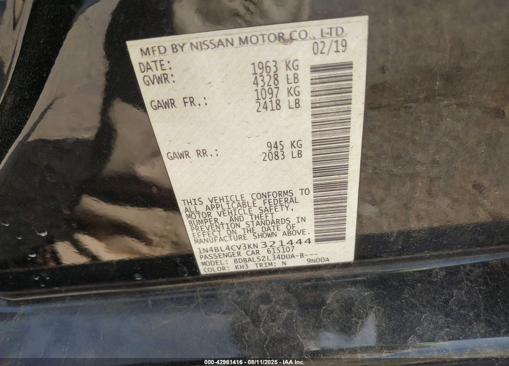 2019 NISSAN ALTIMA VIN: 1N4BL4CV3KN321444