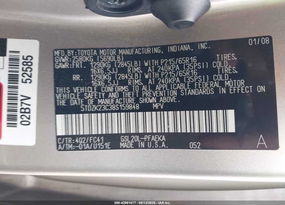 2008 TOYOTA SIENNA LE VIN: 5TDZK23C38S159848