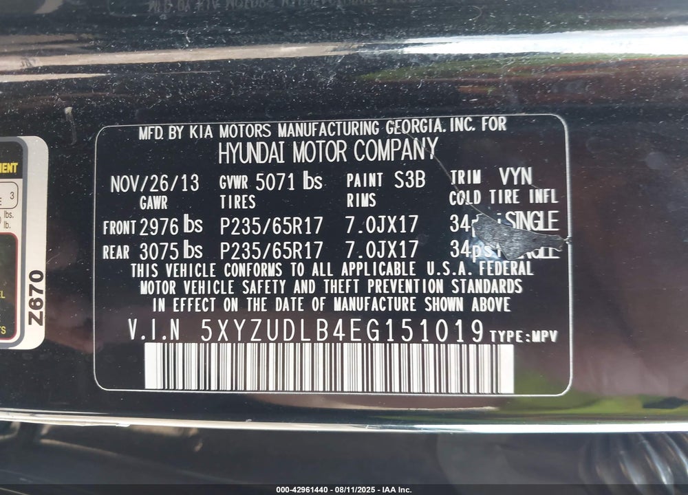 2014 HYUNDAI SANTA FE VIN: 5XYZUDLB4EG151019