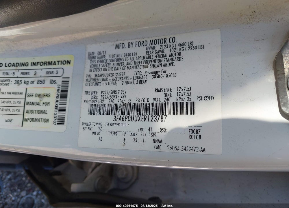 2014 FORD FUSION VIN: 3FA6P0UUXER123787