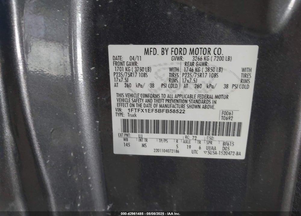 2011 FORD F-150 VIN: 1FTFX1EF5BFB58522