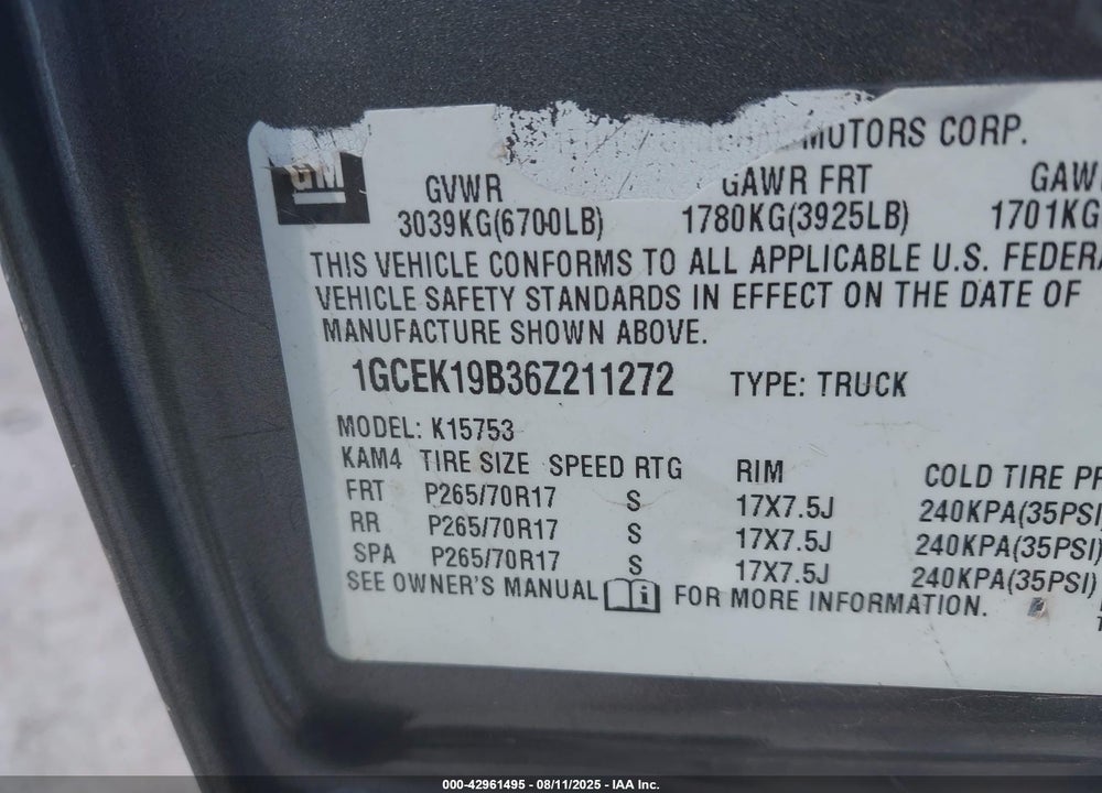 2006 CHEVROLET SILVERADO 1500 VIN: 1GCEK19B36Z211272