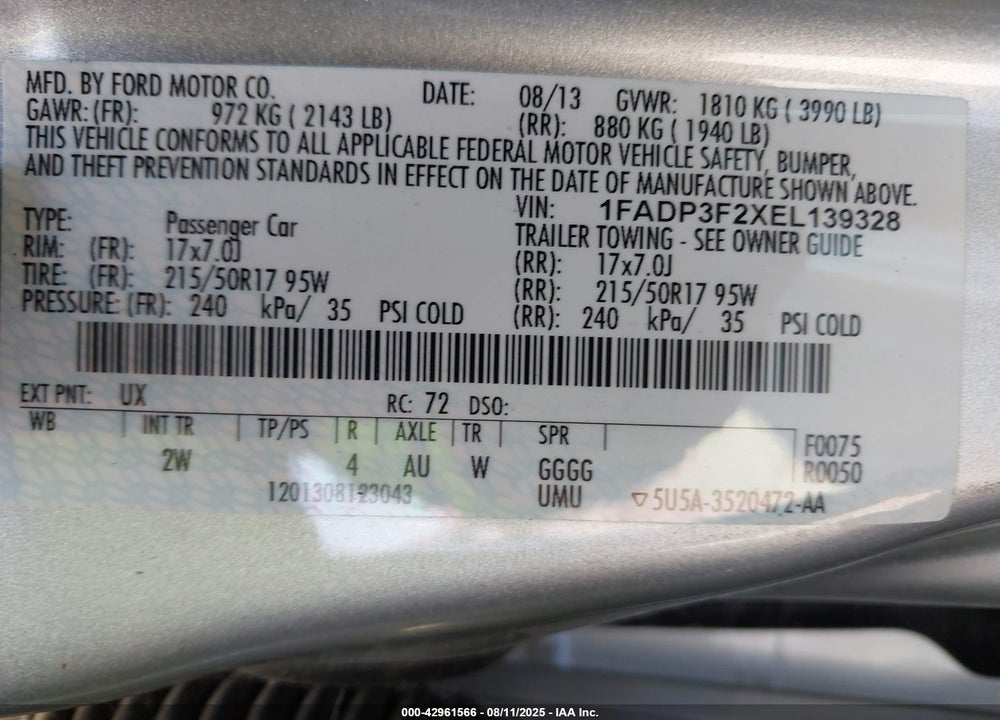 2014 FORD FOCUS VIN: 1FADP3F2XEL139328