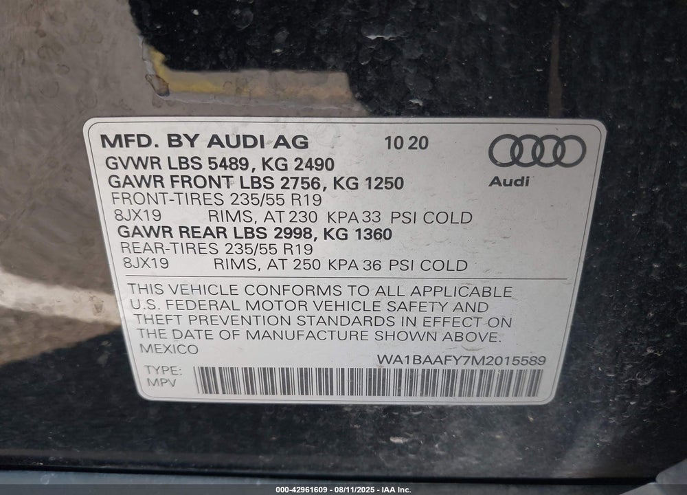 2021 AUDI Q5 VIN: WA1BAAFY7M2015589