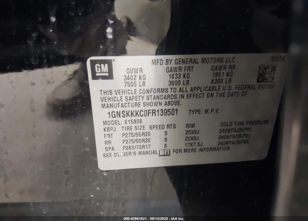 2015 CHEVROLET SUBURBAN 1500 LTZ VIN: 1GNSKKKC0FR139501