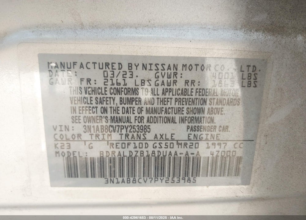 2023 NISSAN SENTRA VIN: 3N1AB8CV7PY253985