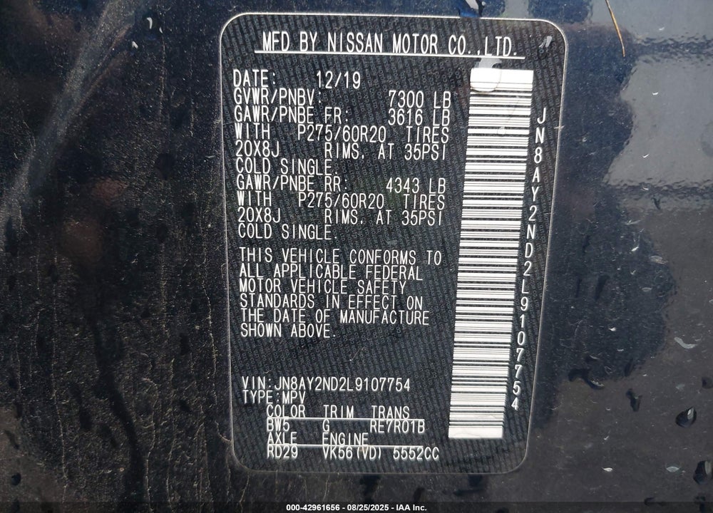 2020 NISSAN ARMADA VIN: JN8AY2ND2L9107754