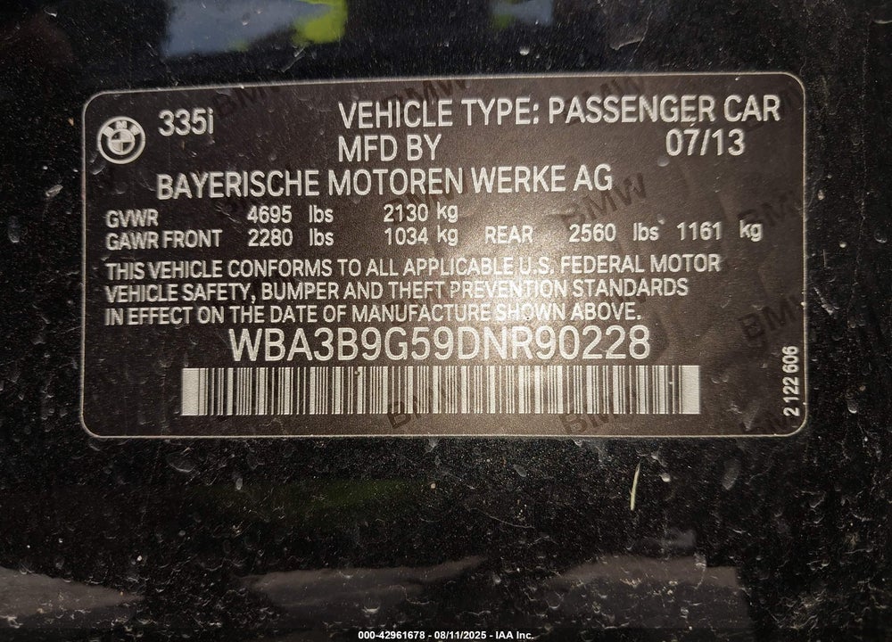 2013 BMW 3 SERIES VIN: WBA3B9G59DNR90228