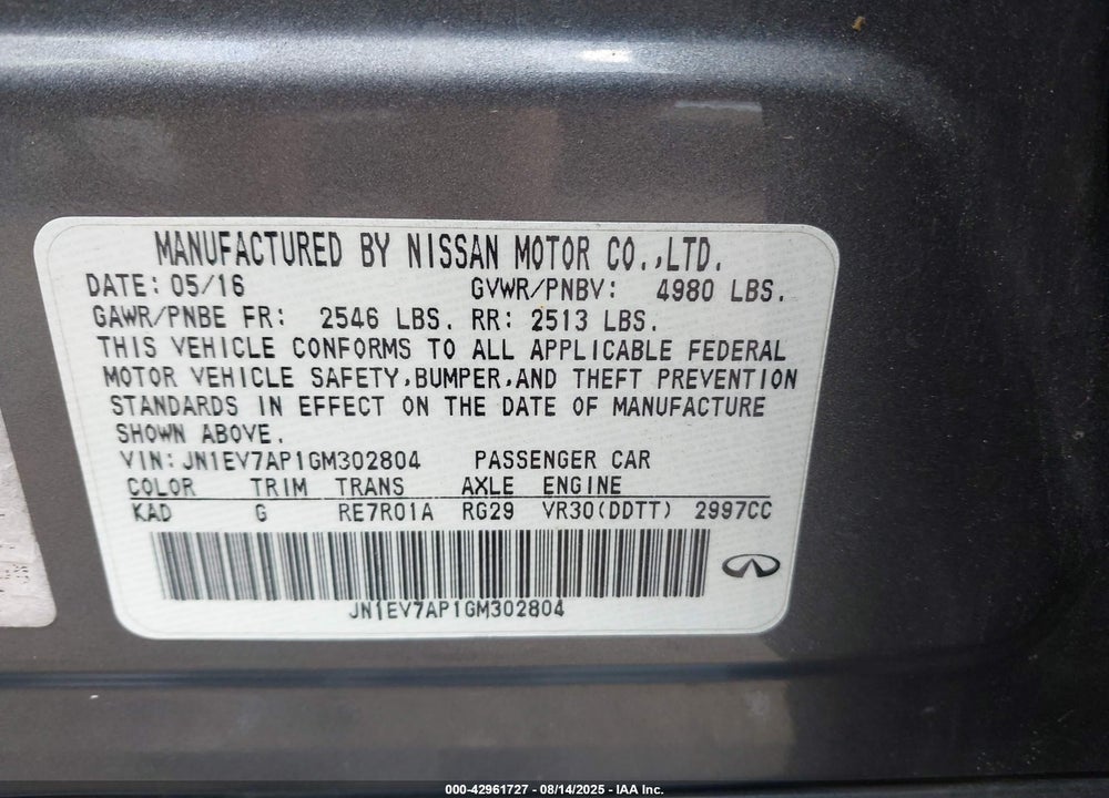 2016 INFINITI Q50 3.0T SPORT VIN: JN1EV7AP1GM302804