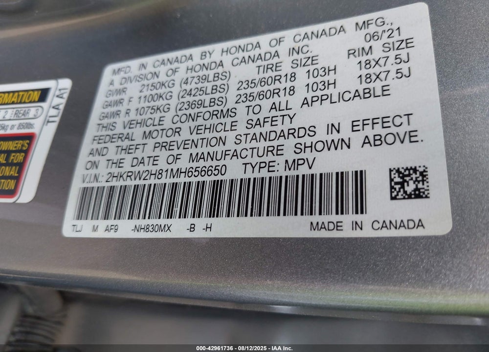 2021 HONDA CR-V VIN: 2HKRW2H81MH656650