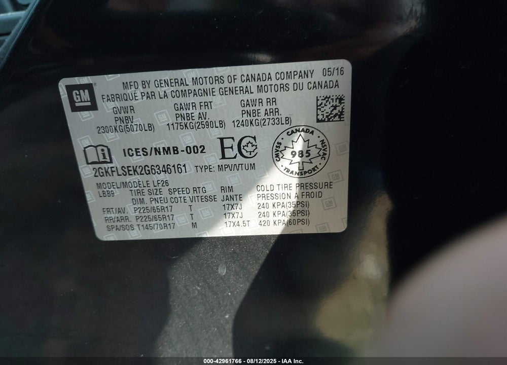 2016 GMC TERRAIN VIN: 2GKFLSEK2G6346161