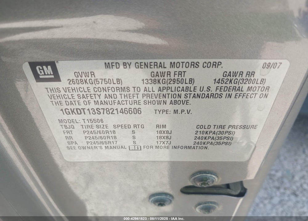 2008 GMC ENVOY VIN: 1GKDT13S782146606