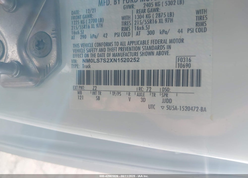 2022 FORD TRANSIT CONNECT XL CARGO VAN VIN: NM0LS7S2XN1520252