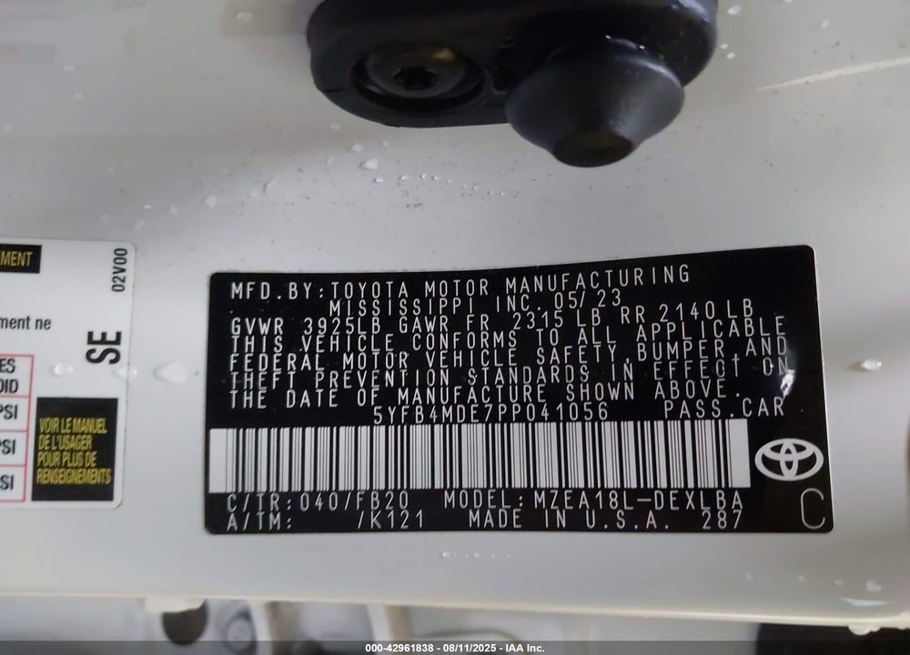 2023 TOYOTA COROLLA VIN: 5YFB4MDE7PP041056