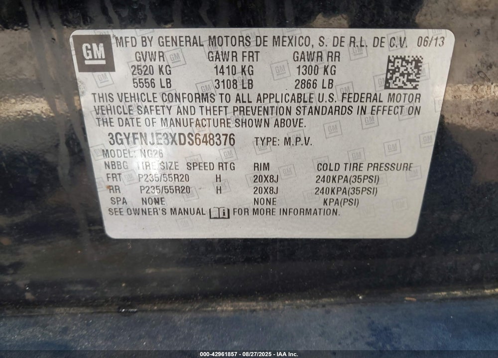 2013 CADILLAC SRX VIN: 3GYFNJE3XDS648376