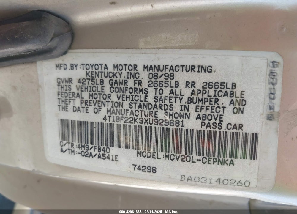 1999 TOYOTA CAMRY LE V6 VIN: 4T1BF22K3XU929681