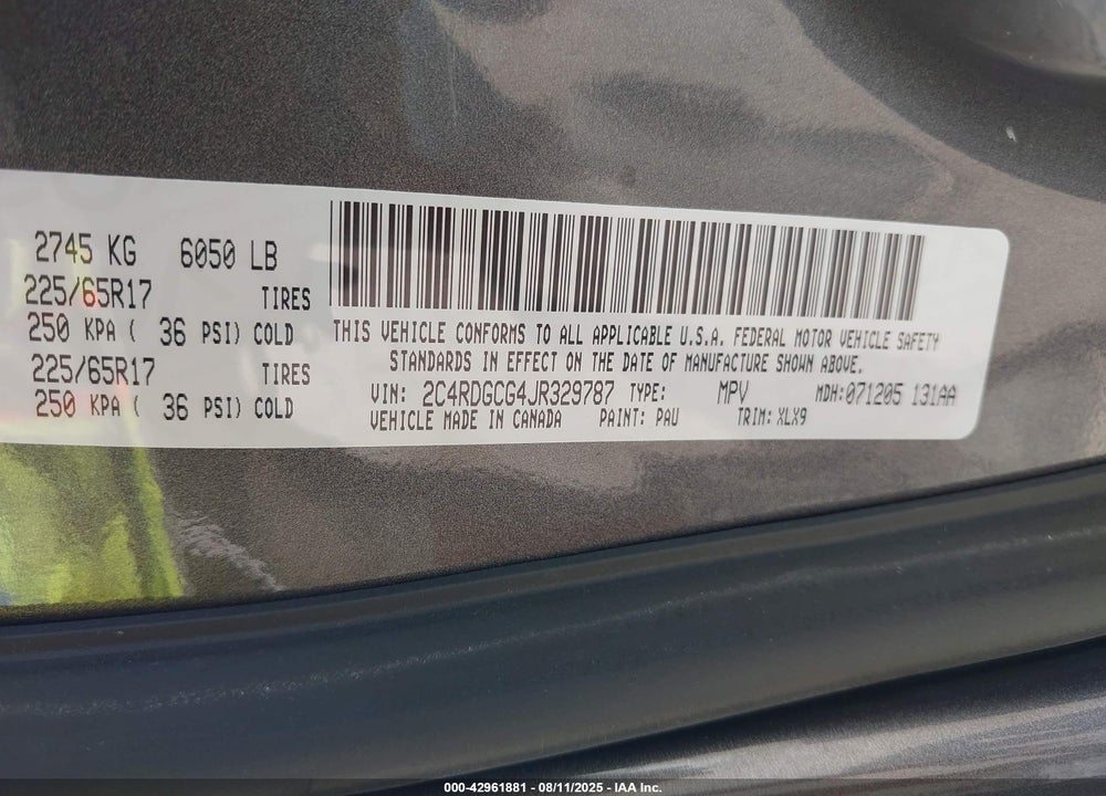 2018 DODGE GRAND CARAVAN SXT VIN: 2C4RDGCG4JR329787