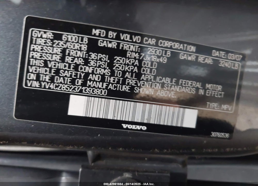 2007 VOLVO XC90 VIN: YV4CZ852371393800