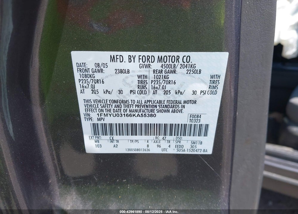 2006 FORD ESCAPE VIN: 1FMYU03166KA55380