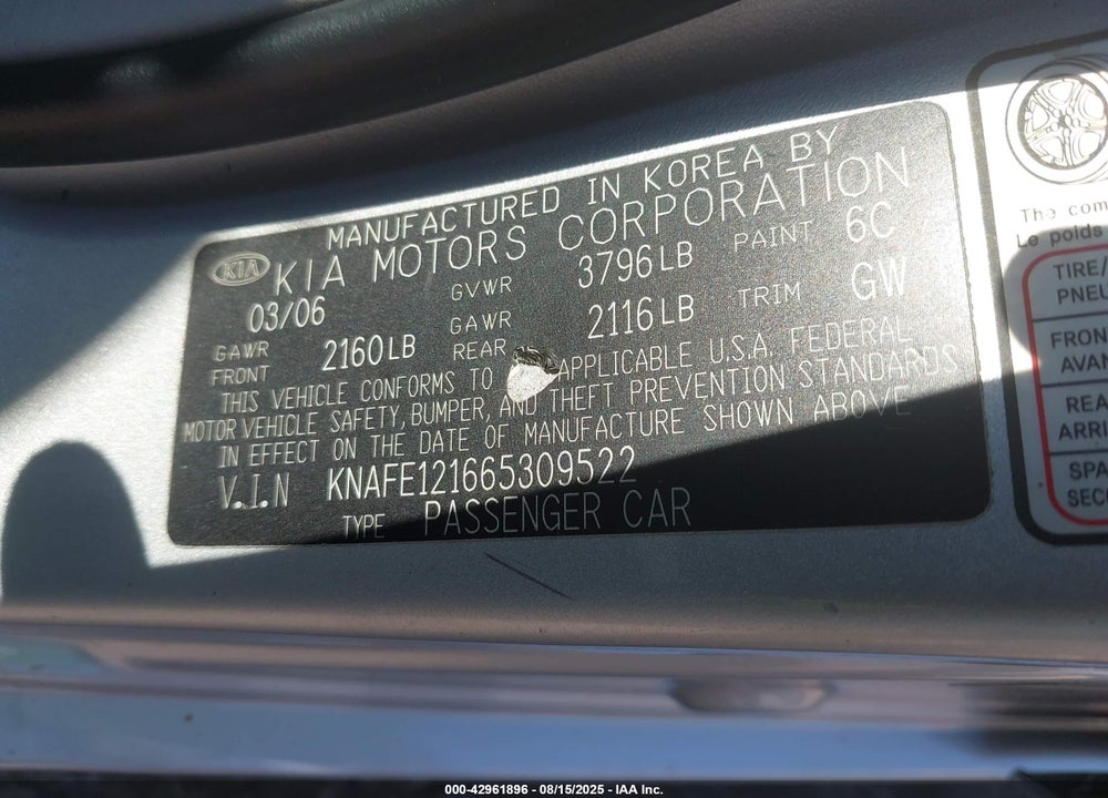 2006 KIA SPECTRA VIN: KNAFE121665309522