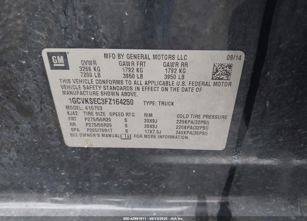 2015 CHEVROLET SILVERADO 1500 VIN: 1GCVKSEC3FZ164250