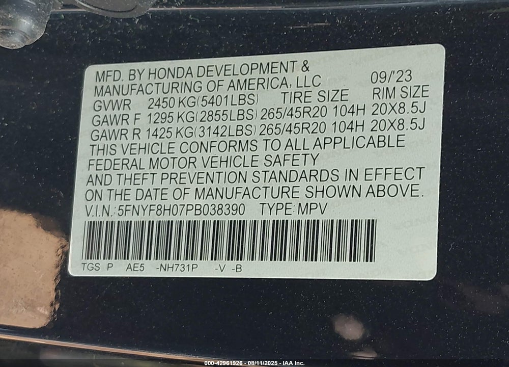 2023 HONDA PASSPORT VIN: 5FNYF8H07PB038390