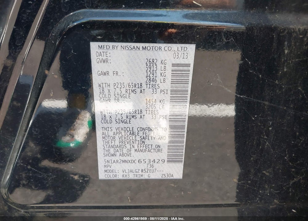 2013 NISSAN PATHFINDER VIN: 5N1AR2MNXDC653429