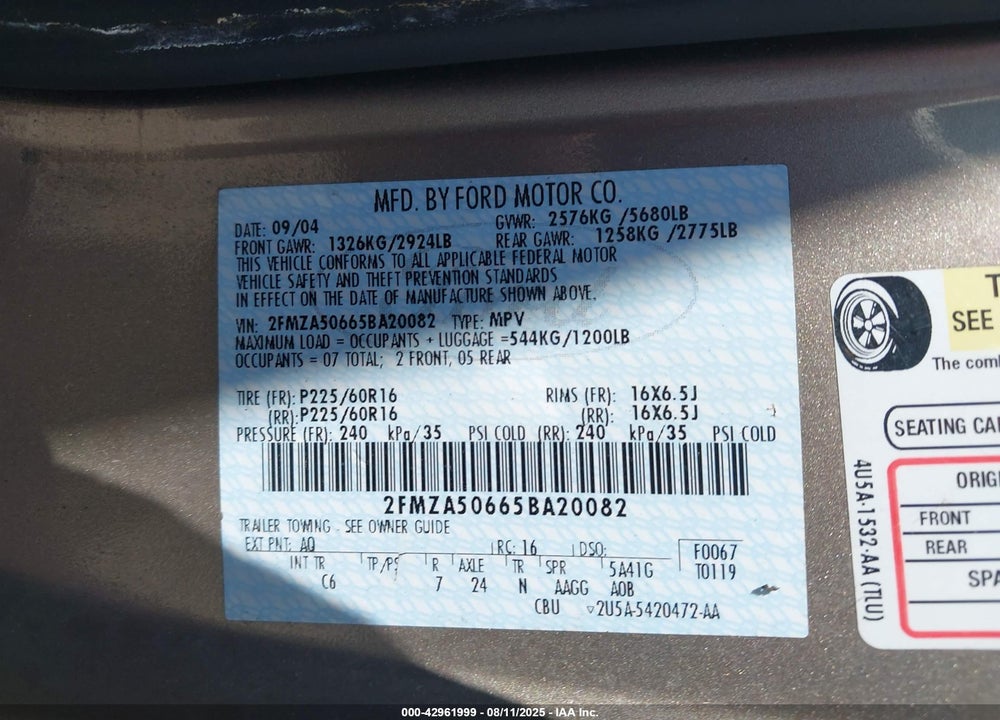 2005 FORD FREESTAR S VIN: 2FMZA50665BA20082