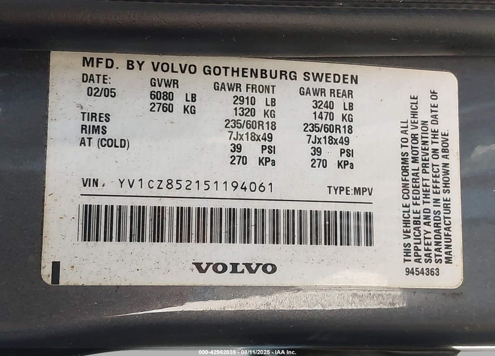 2005 VOLVO XC90 T6 VIN: YV1CZ852151194061
