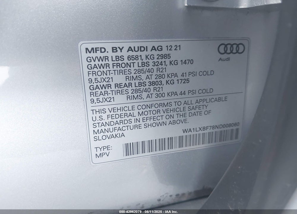 2022 AUDI Q7 VIN: WA1LXBF78ND008060