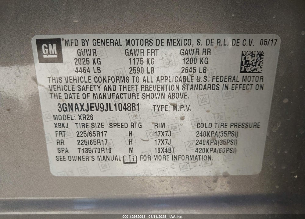 2018 CHEVROLET EQUINOX VIN: 3GNAXJEV9JL104881