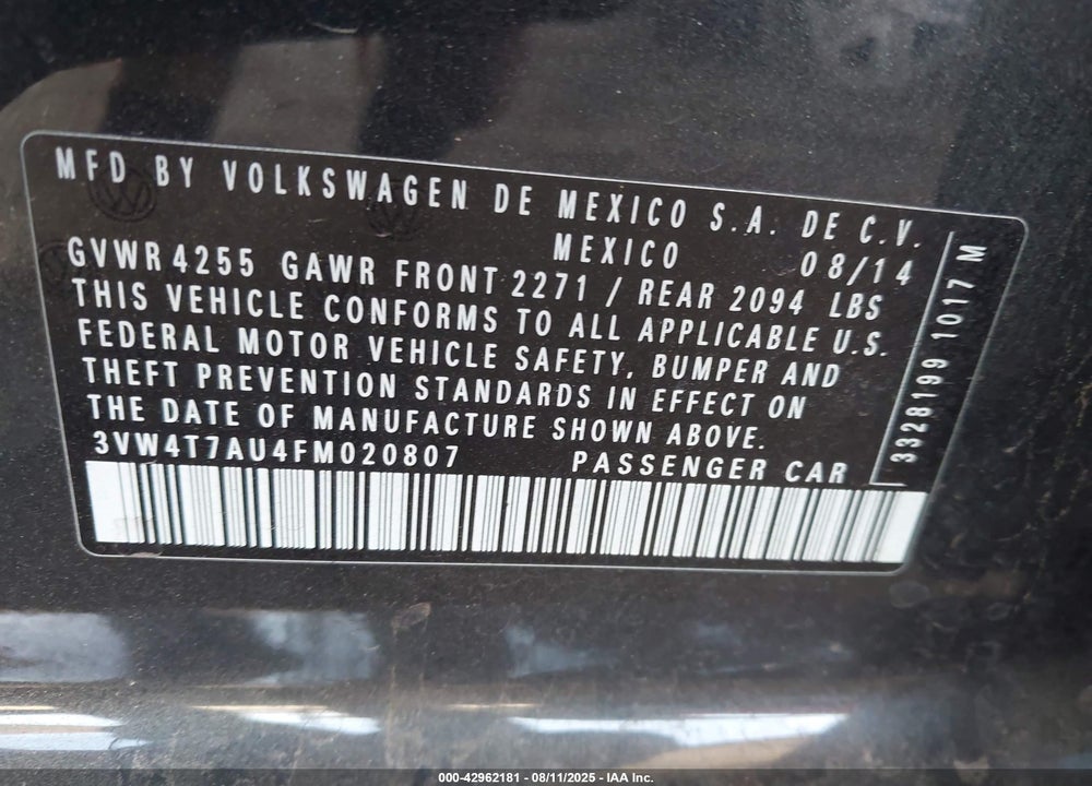 2015 VOLKSWAGEN GOLF VIN: 3VW4T7AU4FM020807