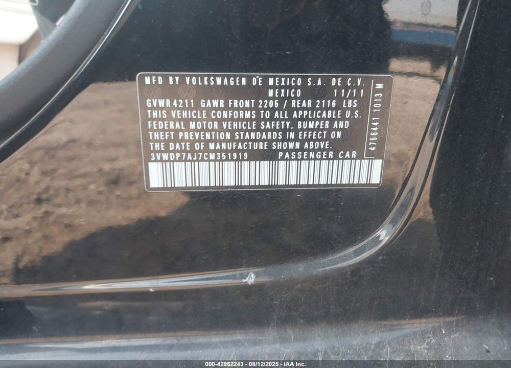 2012 VOLKSWAGEN JETTA VIN: 3VWDP7AJ7CM351919