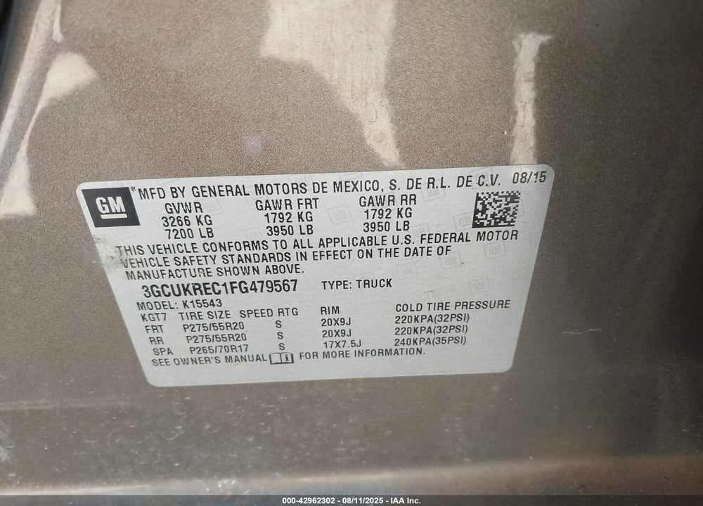 2015 CHEVROLET SILVERADO 1500 1LT VIN: 3GCUKREC1FG479567