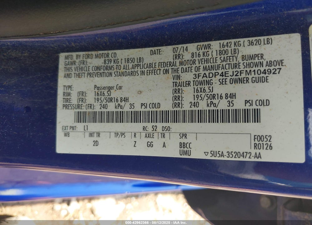 2015 FORD FIESTA VIN: 3FADP4EJ2FM104927