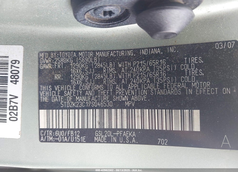 2007 TOYOTA SIENNA CE VIN: 5TDZK23C17S046530