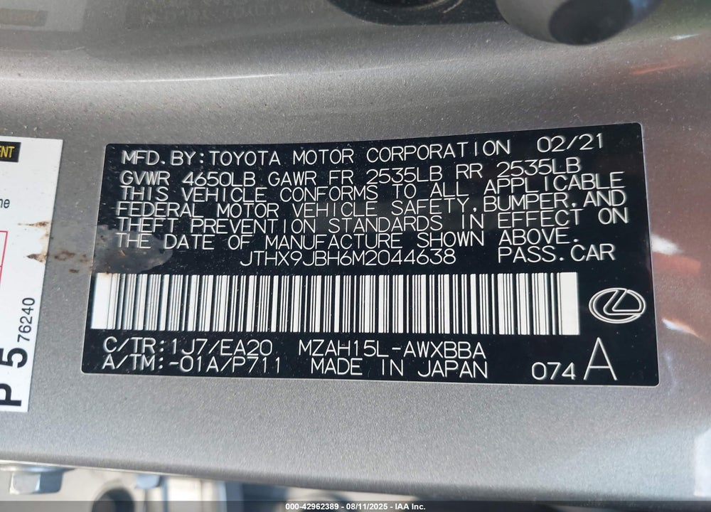 2021 LEXUS UX 250H VIN: JTHX9JBH6M2044638