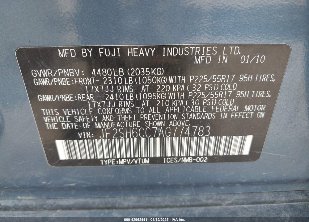 2010 SUBARU FORESTER VIN: JF2SH6CC7AG774783