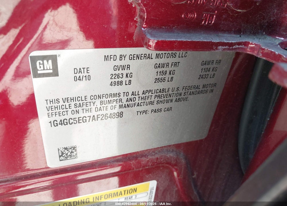 2010 BUICK LACROSSE VIN: 1G4GC5EG7AF264898