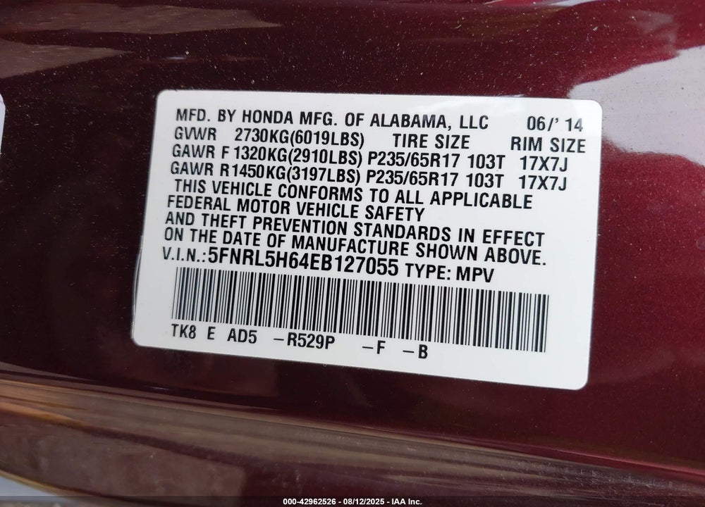 2014 HONDA ODYSSEY EX-L VIN: 5FNRL5H64EB127055