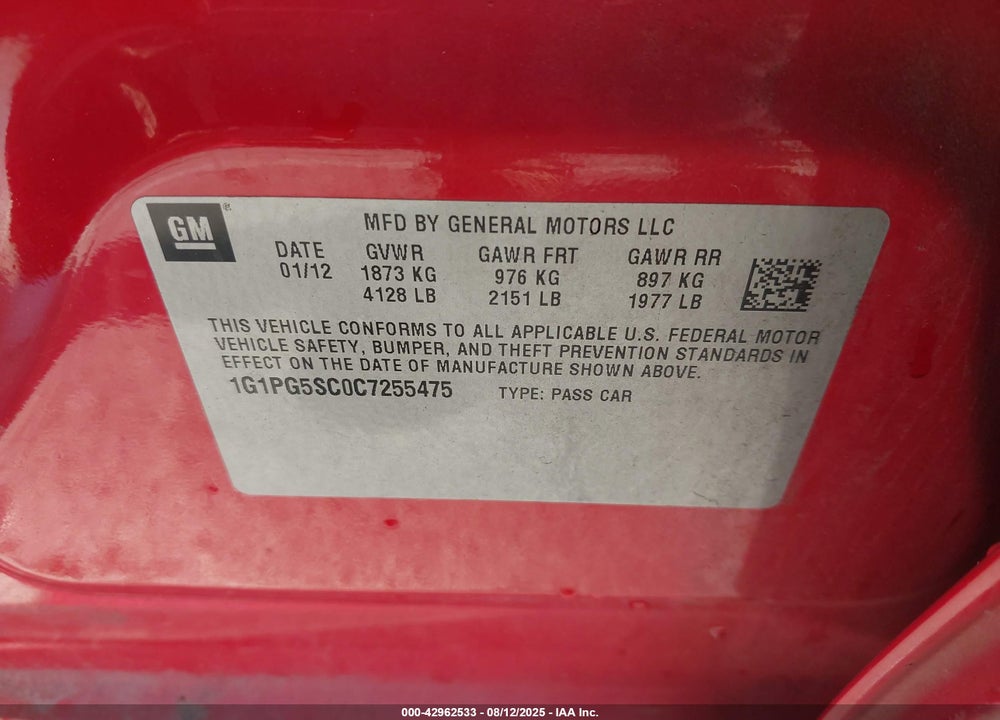 2012 CHEVROLET CRUZE VIN: 1G1PG5SC0C7255475