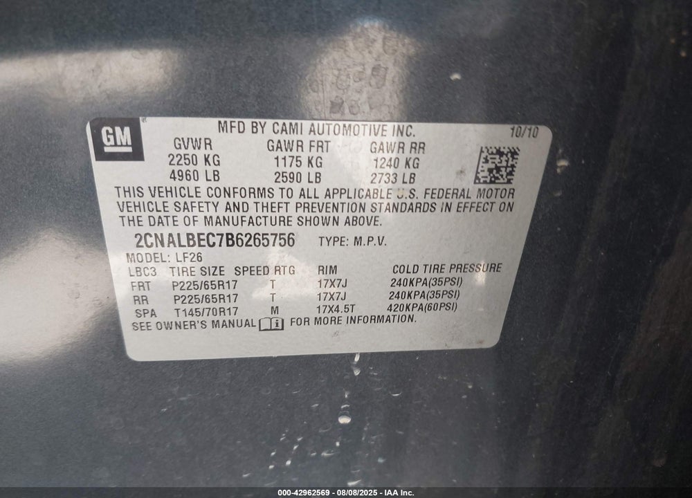 2011 CHEVROLET EQUINOX LS VIN: 2CNALBEC7B6265756