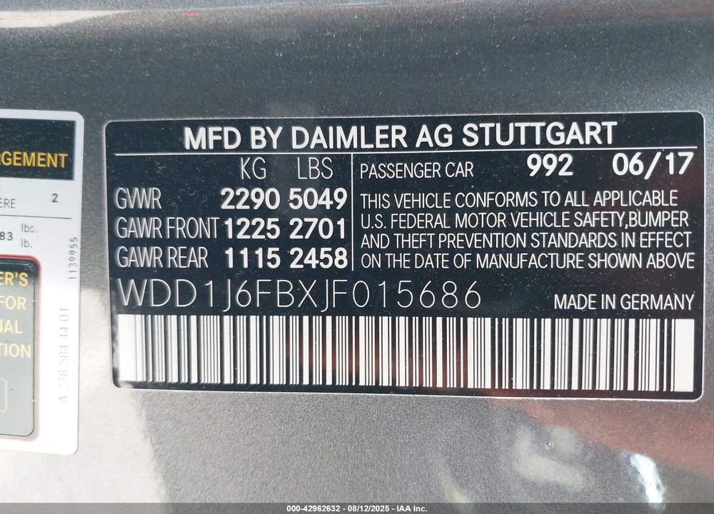 2018 MERCEDES-BENZ E-CLASS VIN: WDD1J6FBXJF015686