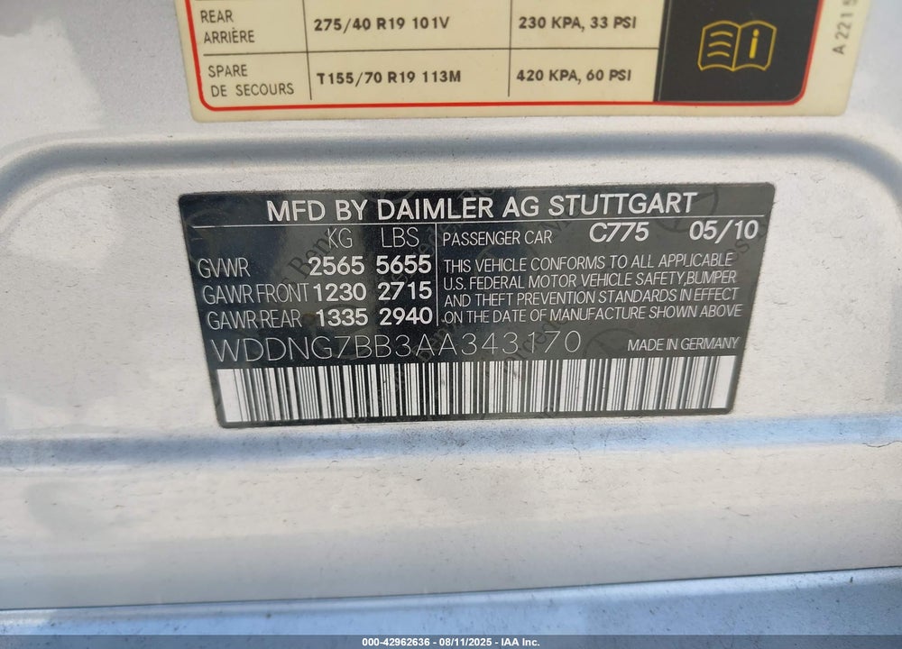 2010 MERCEDES-BENZ S CLASS VIN: WDDNG7BB3AA343170