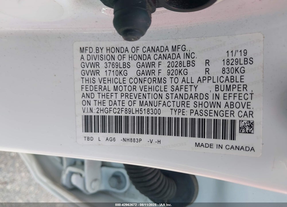 2020 HONDA CIVIC VIN: 2HGFC2F89LH518300