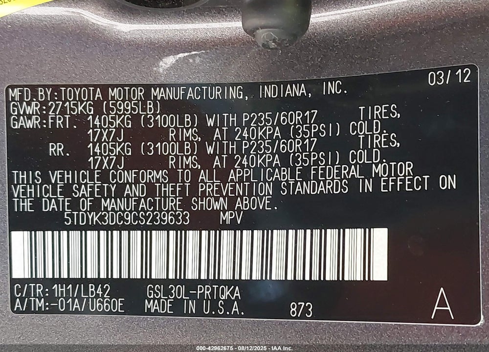 2012 TOYOTA SIENNA XLE V6 8 PASSENGER VIN: 5TDYK3DC9CS239633