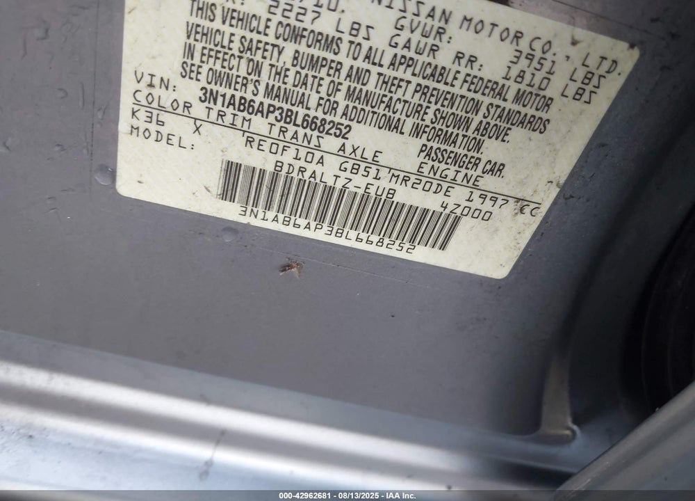 2011 NISSAN SENTRA VIN: 3N1AB6AP3BL668252